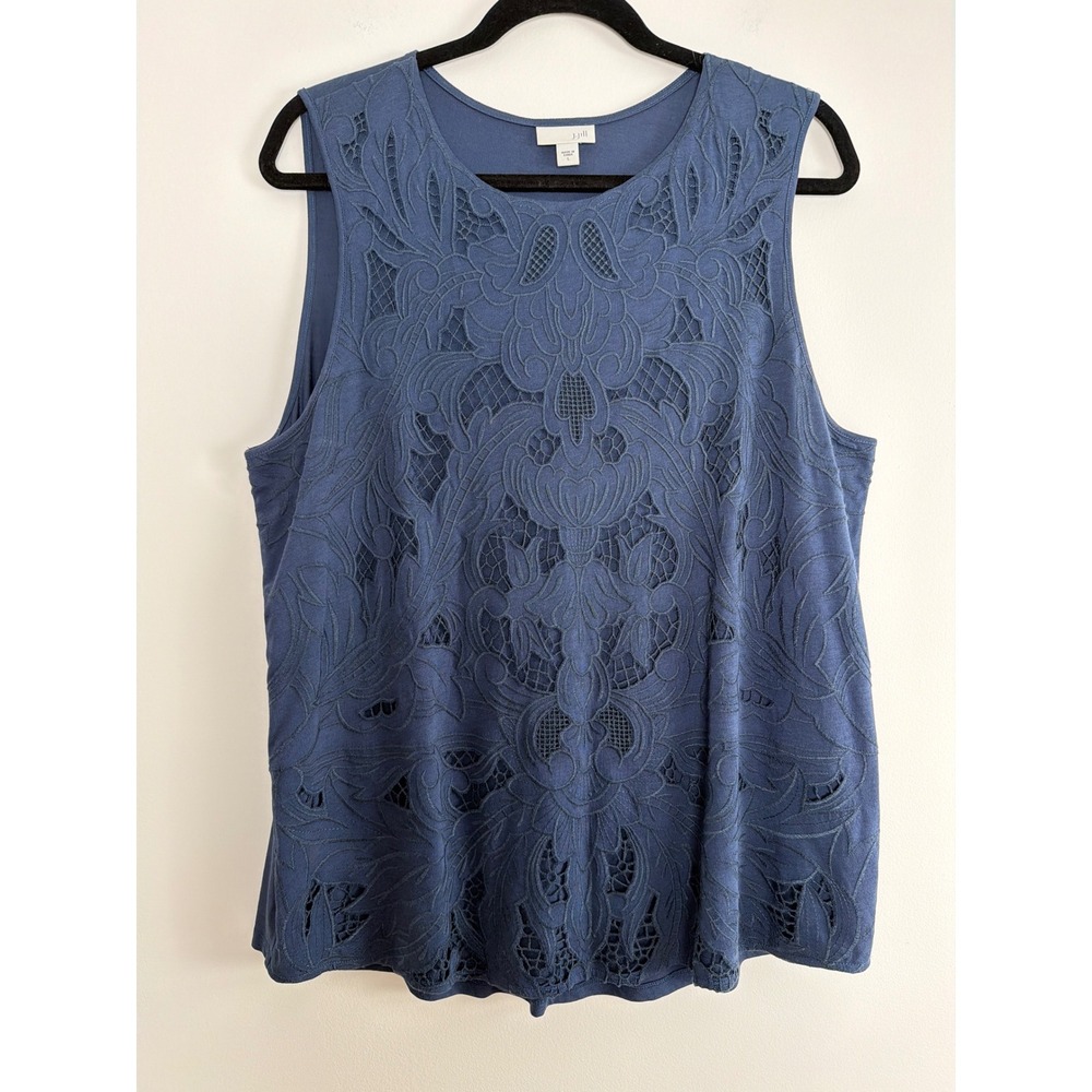 J. Jill Tank Top Womens Large Blue Lace Overlay Sleeveless Embroidered Boho